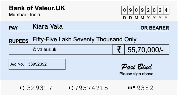 How to write a cheque for 55.7 lakh rupees