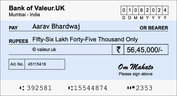 How to write a cheque for 56.45 lakh rupees