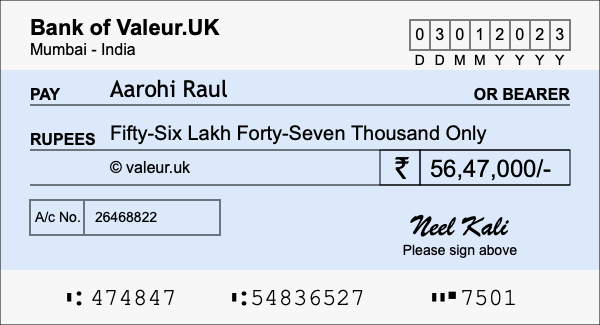 How to write a cheque for 56.47 lakh rupees