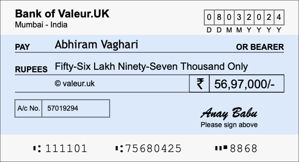 How to write a cheque for 56.97 lakh rupees