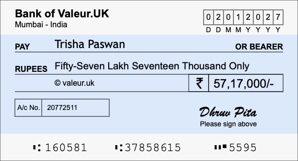 How to write a cheque for 57.17 lakh rupees How to write a cheque for 57.17 lakh rupees