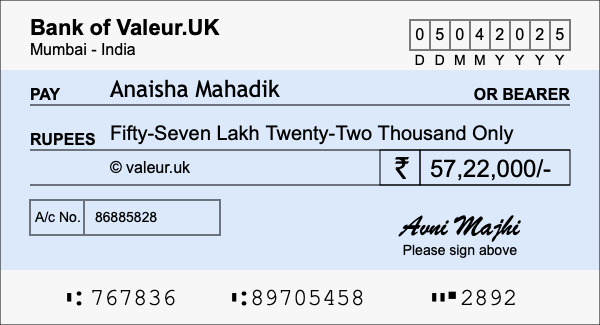 How to write a cheque for 57.22 lakh rupees How to write a cheque for 57.22 lakh rupees
