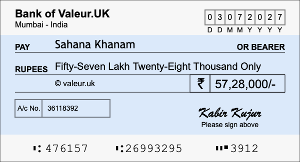 How to write a cheque for 57.28 lakh rupees How to write a cheque for 57.28 lakh rupees