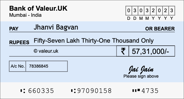 How to write a cheque for 57.31 lakh rupees How to write a cheque for 57.31 lakh rupees
