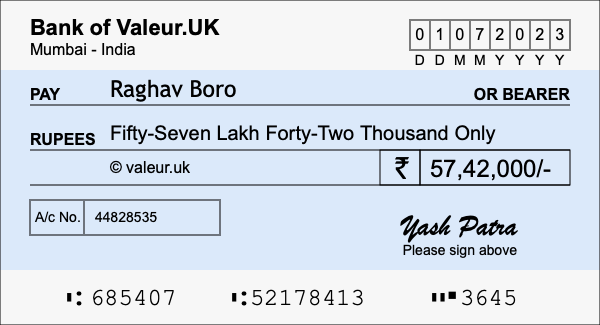How to write a cheque for 57.42 lakh rupees