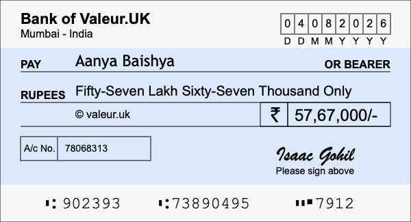 How to write a cheque for 57.67 lakh rupees How to write a cheque for 57.67 lakh rupees