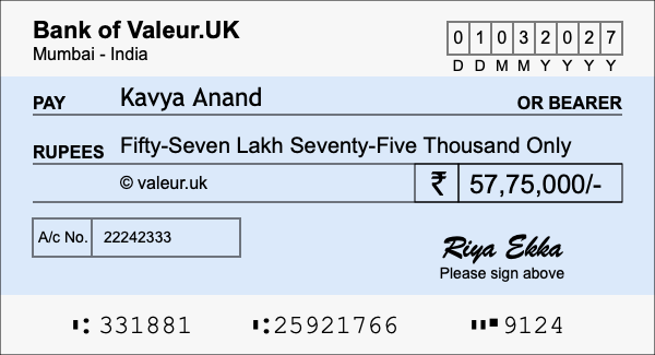 How to write a cheque for 57.75 lakh rupees