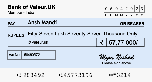 How to write a cheque for 57.77 lakh rupees