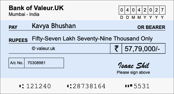 How to write a cheque for 57.79 lakh rupees