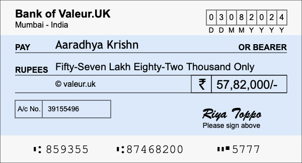 How to write a cheque for 57.82 lakh rupees