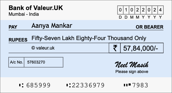 How to write a cheque for 57.84 lakh rupees