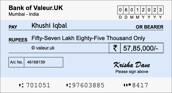 How to write a cheque for 57.85 lakh rupees