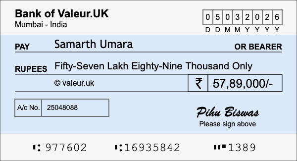 How to write a cheque for 57.89 lakh rupees