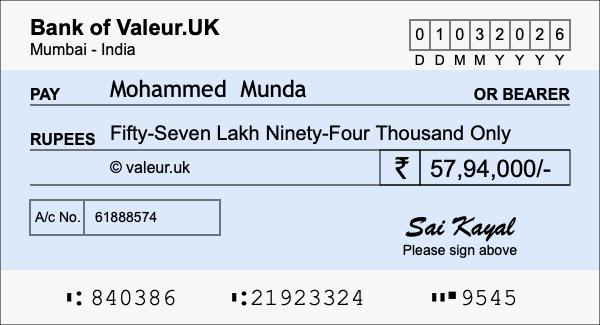 How to write a cheque for 57.94 lakh rupees