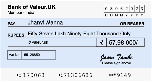 How to write a cheque for 57.98 lakh rupees