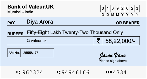 How to write a cheque for 58.22 lakh rupees