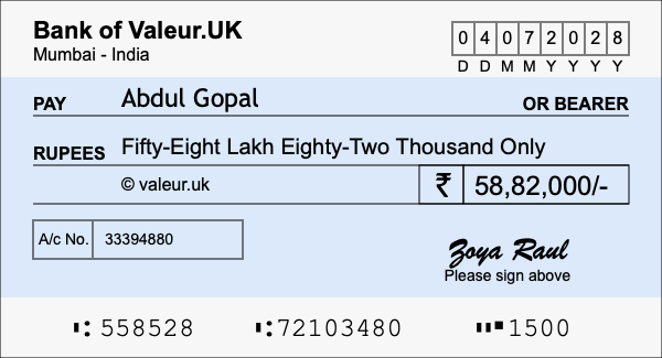 How to write a cheque for 58.82 lakh rupees How to write a cheque for 58.82 lakh rupees