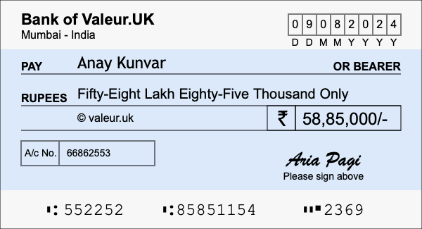 How to write a cheque for 58.85 lakh rupees How to write a cheque for 58.85 lakh rupees