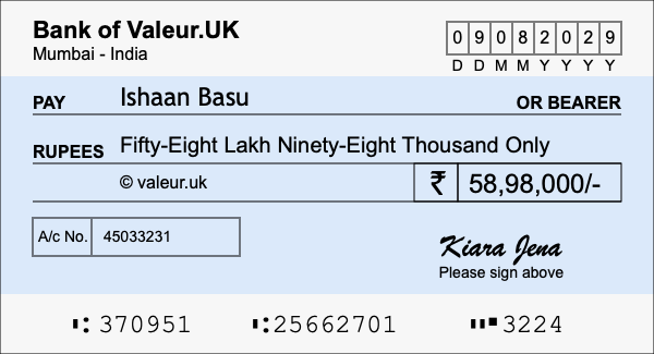 How to write a cheque for 58.98 lakh rupees