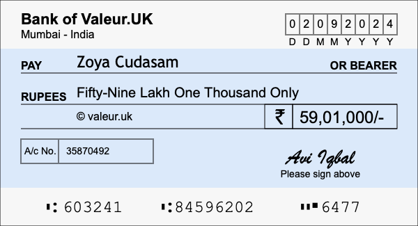 How to write a cheque for 59.01 lakh rupees How to write a cheque for 59.01 lakh rupees