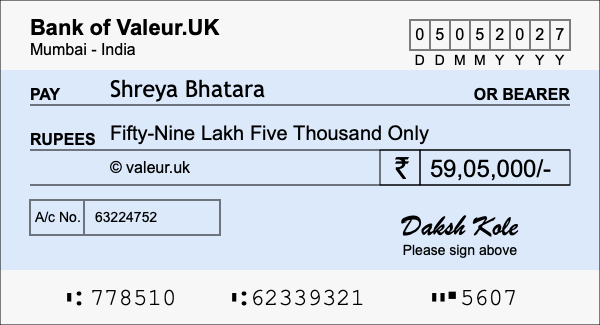 How to write a cheque for 59.05 lakh rupees How to write a cheque for 59.05 lakh rupees