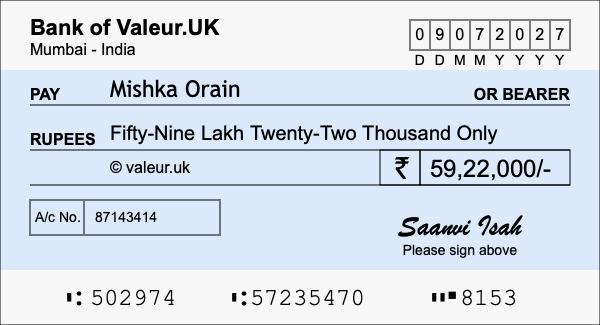 How to write a cheque for 59.22 lakh rupees How to write a cheque for 59.22 lakh rupees