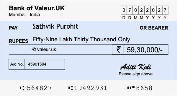 How to write a cheque for 59.3 lakh rupees