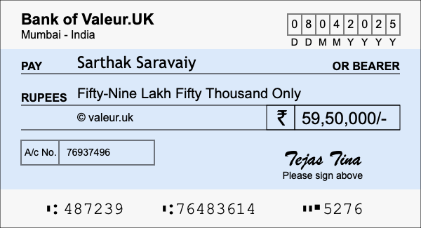 How to write a cheque for 59.5 lakh rupees How to write a cheque for 59.5 lakh rupees