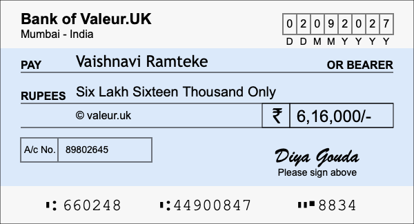 How to write a cheque for 6.16 lakh rupees