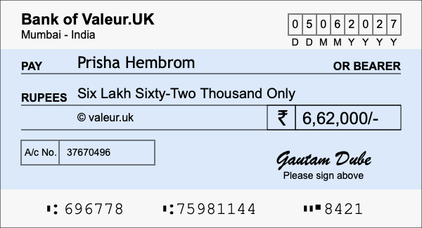 How to write a cheque for 6.62 lakh rupees