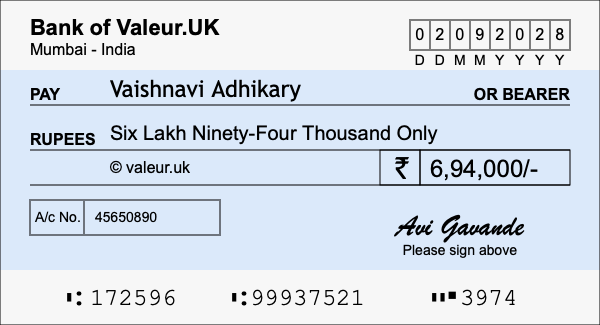 How to write a cheque for 6.94 lakh rupees