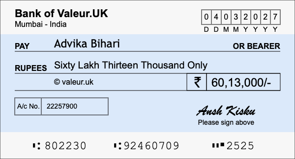 How to write a cheque for 60.13 lakh rupees How to write a cheque for 60.13 lakh rupees