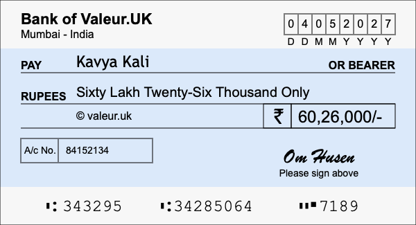 How to write a cheque for 60.26 lakh rupees