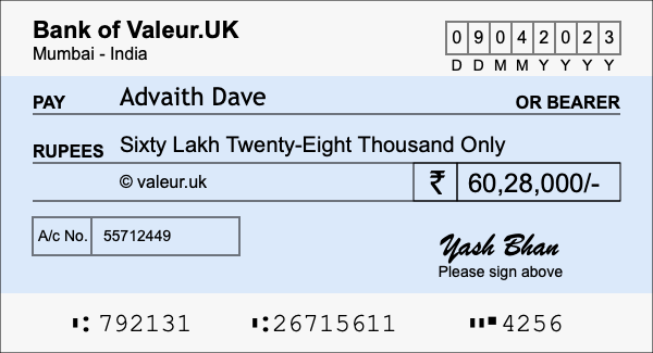 How to write a cheque for 60.28 lakh rupees