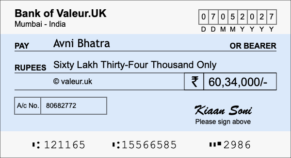 How to write a cheque for 60.34 lakh rupees