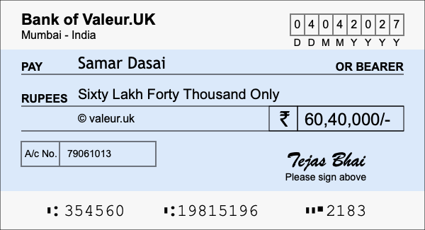 How to write a cheque for 60.4 lakh rupees
