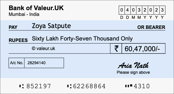 How to write a cheque for 60.47 lakh rupees
