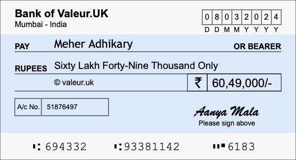 How to write a cheque for 60.49 lakh rupees