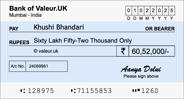 How to write a cheque for 60.52 lakh rupees