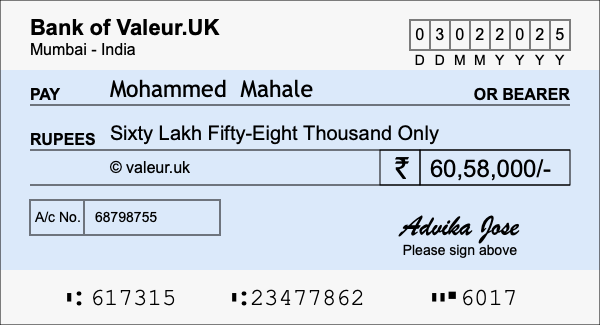 How to write a cheque for 60.58 lakh rupees