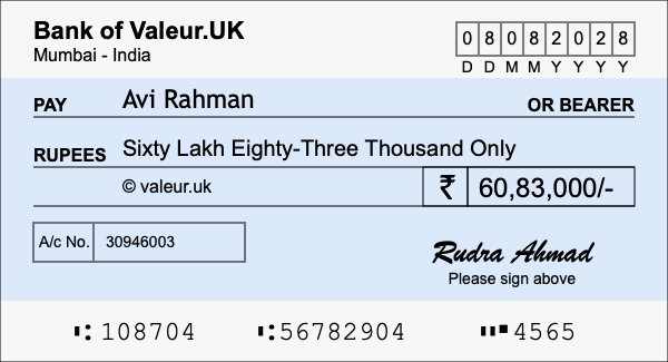 How to write a cheque for 60.83 lakh rupees