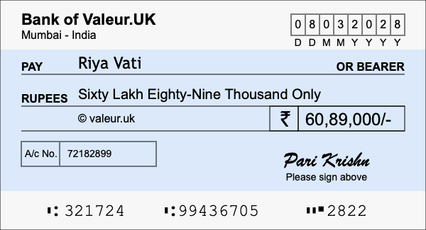 How to write a cheque for 60.89 lakh rupees