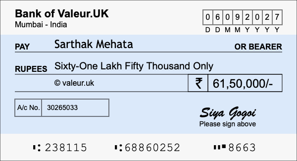 How to write a cheque for 61.5 lakh rupees