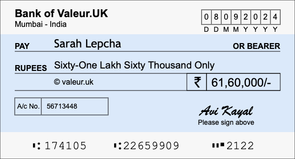 How to write a cheque for 61.6 lakh rupees