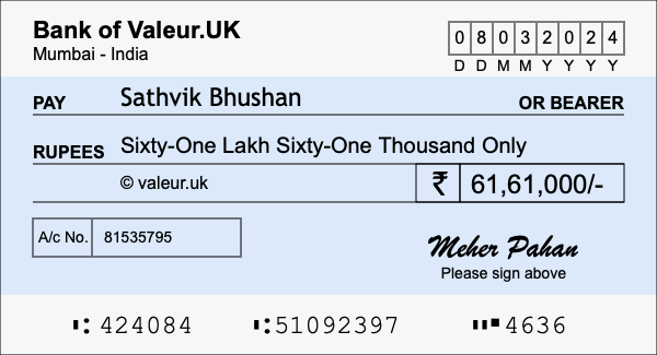 How to write a cheque for 61.61 lakh rupees