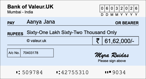 How to write a cheque for 61.62 lakh rupees