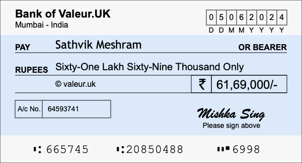 How to write a cheque for 61.69 lakh rupees