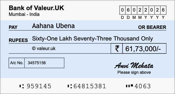 How to write a cheque for 61.73 lakh rupees
