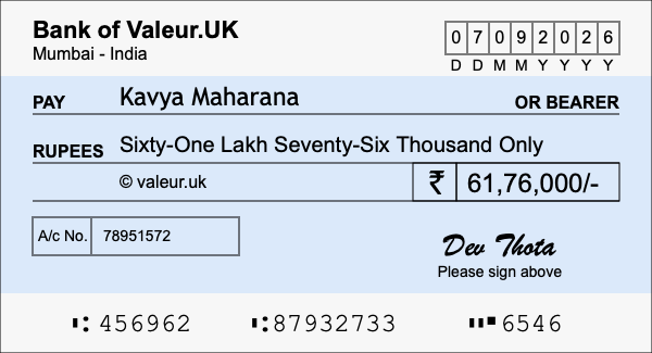 How to write a cheque for 61.76 lakh rupees
