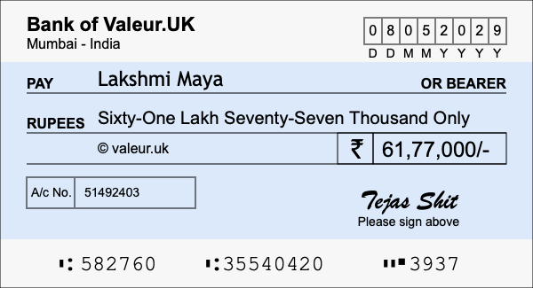 How to write a cheque for 61.77 lakh rupees